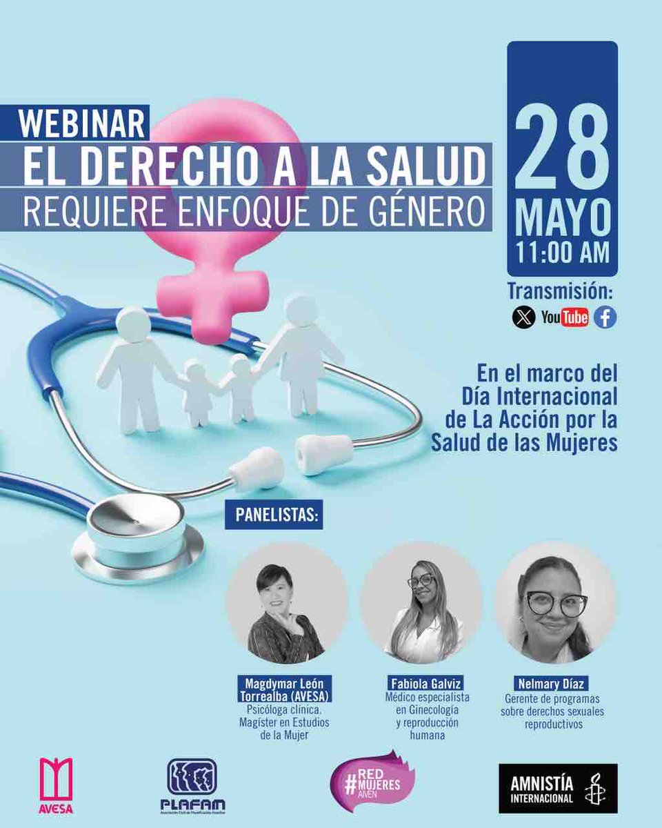 Participa en el webinar “El derecho a la salud requiere enfoque de género” Panelistas: • Magdymar León Torrealba • Fabiola Galviz • Nelmary Díaz Especialistas de @AVESA_ONG_VZLA y @PLAFAMong 🔴 28 de mayo, 11:00 AM ⚫ Vía X, Youtube y Facebook amnistia.org/ve/blog/2024/0…