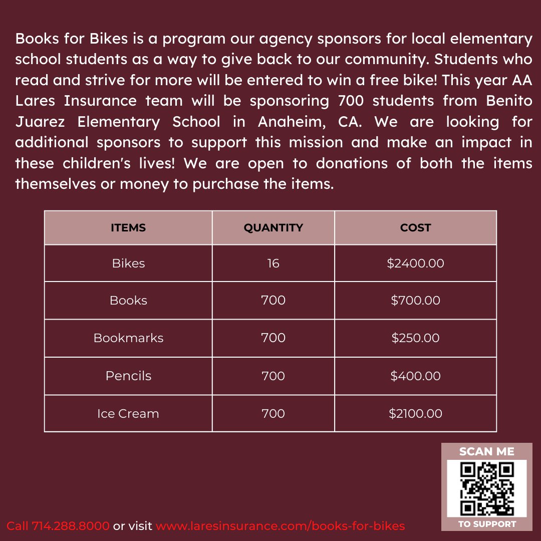 BOOKS FOR BIKES IS HERE AND YOU CAN BE PART OF IT! 🚲📗 

#AALI #LaresInsurance #ReferralRewards #MakingAnImpact #LaresGoesLocal #ServingCustomersForLife