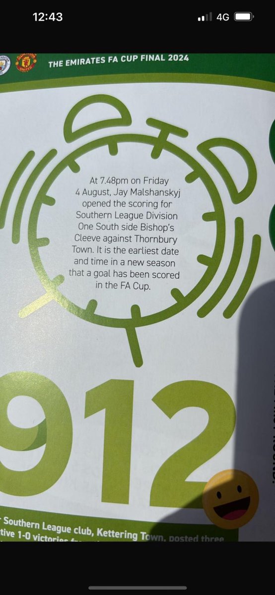 Mention for @BishopsCleeveFC in today's FA Cup final programme, after @jay09M's earliest ever goal in the competition against @thornburytownfc in August
