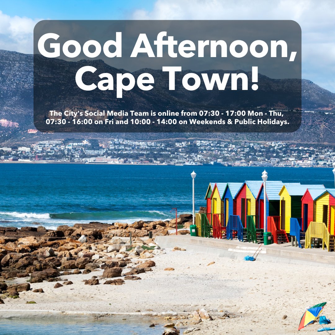 Good afternoon Cape Town! Our team will return tomorrow. If you need anything, call us on 0860 103 089 or download the City's App: 🍎 apple.co/3pZAkth 🤖 bit.ly/3pMGltv For emergencies, call 021 480 7700 from a cellphone or 107 from a landline. #OneCityTogether