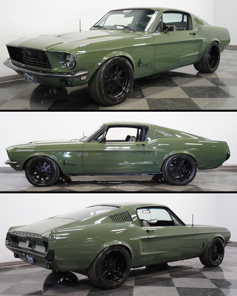 1968 Ford Mustang Fastback Restomod Wrapped in a coat of Army Green that whispers of covert operations and stealth maneuvers, this 1968 Ford Mustang Fastback Restomod is no ordinary beast on the road!