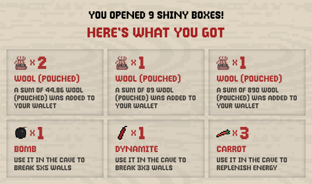 I just unboxed 9 shiny Boxes filled with Cave Game Items in <a href="/wolfdotgame/">Wolf Game</a>! 

Join me in the addictive hunt for treasure in Cave Game on <a href="/Blast_L2/">Blast</a> at wolf.game. 

#wolfgame #cavegame