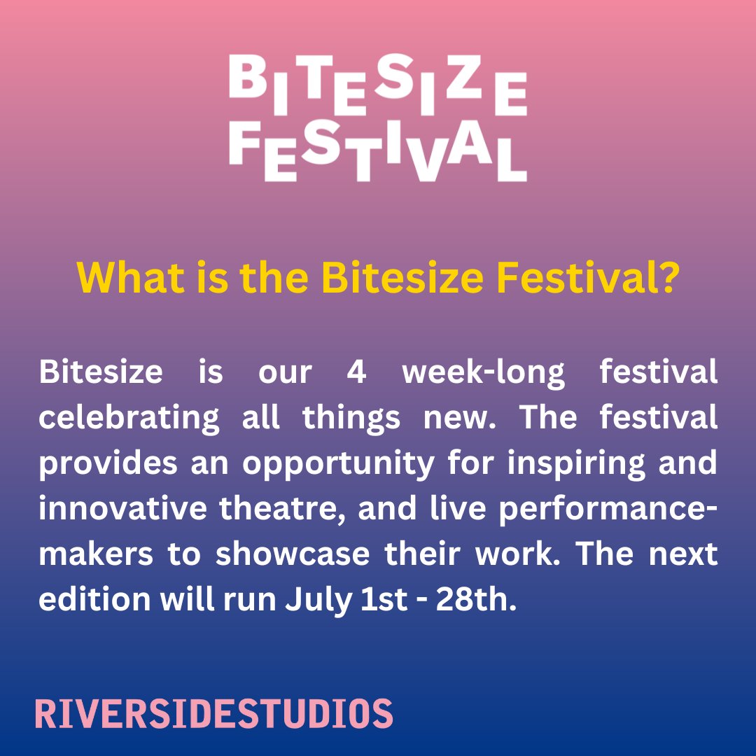 Limited-time Bank Holiday Offer! Get your Bitesize Festival Pass for just £40! Enjoy a month of inspiring and innovative theatre at Riverside Studios from July 1st - 28th. Enjoy two tickets for any and every performance. riversidestudios.co.uk/bitesize-festi… 🎟️ #BitesizeFestival
