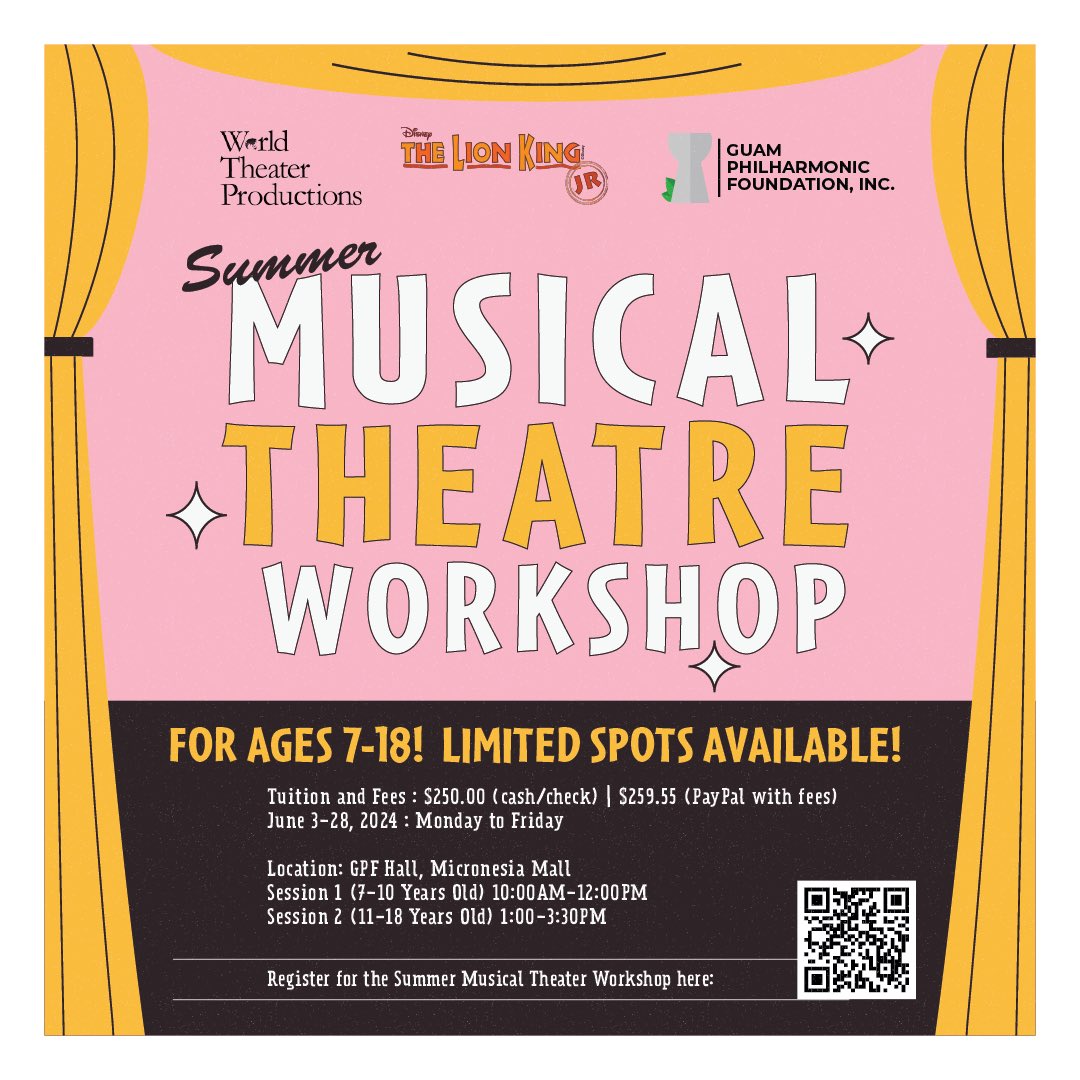 GuPhilharmonic's tweet photo. Learn how to act, dance and sing in WTP and GPF’s upcoming Summer Musical Theatre Workshop!

Open to ages 7-18.

WTP and GPF, both established in 2017, have a shared mission in providing unique performance opportunities to enrich the arts in Micronesia and beyond. https://t.co/0nqBYA8WrD
