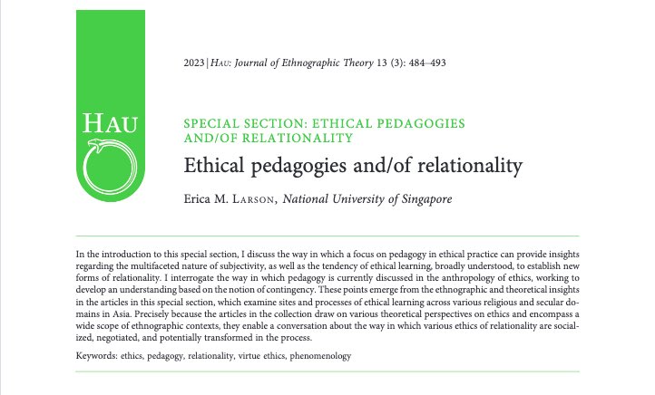 Glad to share that the @haujournal special issue “Ethical pedagogies and/of relationality” is out! 🎉
These articles focusing on learning and ethical self-making stemmed from an @nus_ari virtual conference in late 2021.
Congrats to all the authors! 
journals.uchicago.edu/doi/epdf/10.10…