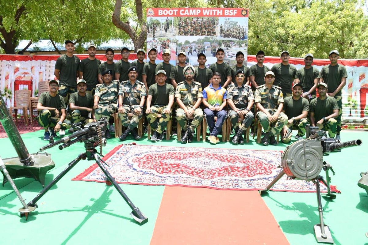 BSF_India's tweet photo. In the series of Boot Camps, BSF organised 5th Boot Camp at Suigam/Nadabet for students of Rashtriya Raksha University, from 24 to 26 May 2024.
These Boot Camps were envisioned by DG BSF, in resonance with the vision of Hon'ble Prime Minister to make villages Vibrant and to encourage youth to visit border areas.
The Boot Camps give youths insight of a Soldier’s life, give them an opportunity to acquire new skills and educate them about our borders.

#JaiHind
#BSFBootCamps
