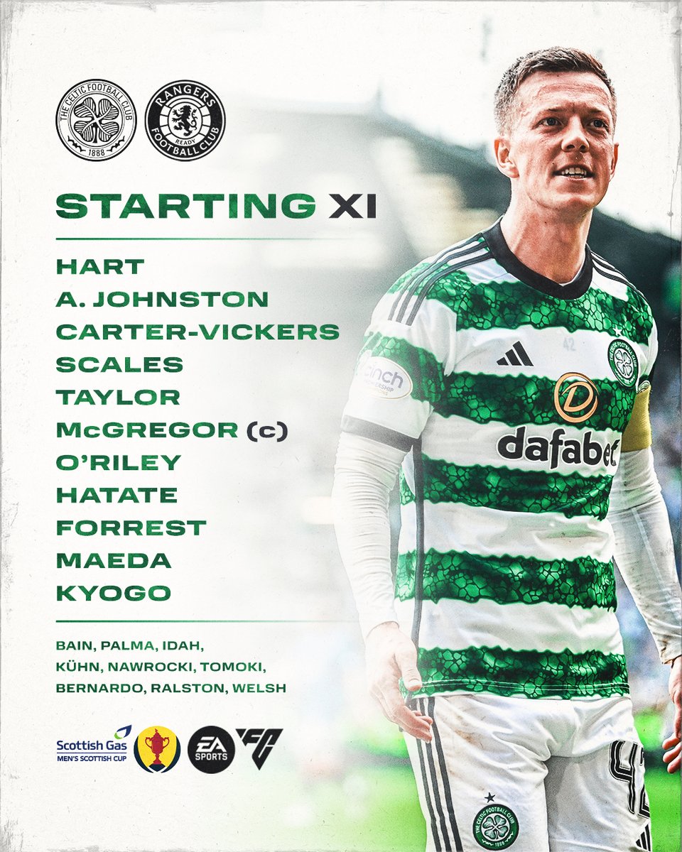 CelticFC's tweet image. 📋 Here's how we line up for the #ScottishCupFinal 🟢⚪️

#CELRAN | #COYBIG🍀