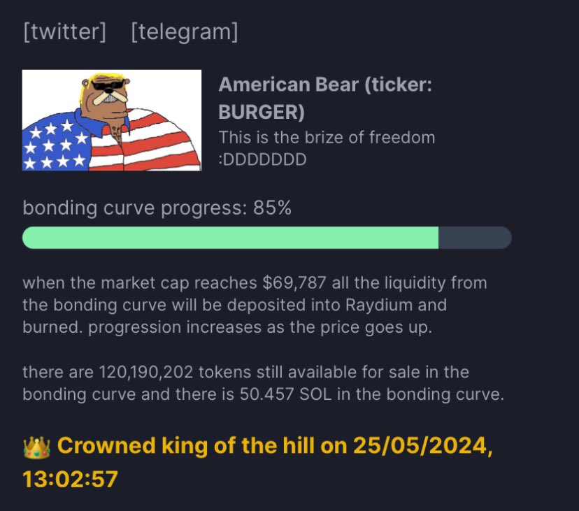 AmericanBearSol's tweet photo. KING OF DHE HILL ON PUMP DOD FUN

NOT SURBRISING SINCE WE KING OF DA WERLD 🇺🇸🇺🇸🇺🇸🦅🦅🦅🦅

RAYDIUM SOON AND THEN WE WILL RULE SOLANA LIKE WE RULE EVERDHING 🫡 https://t.co/26hrLRJggw