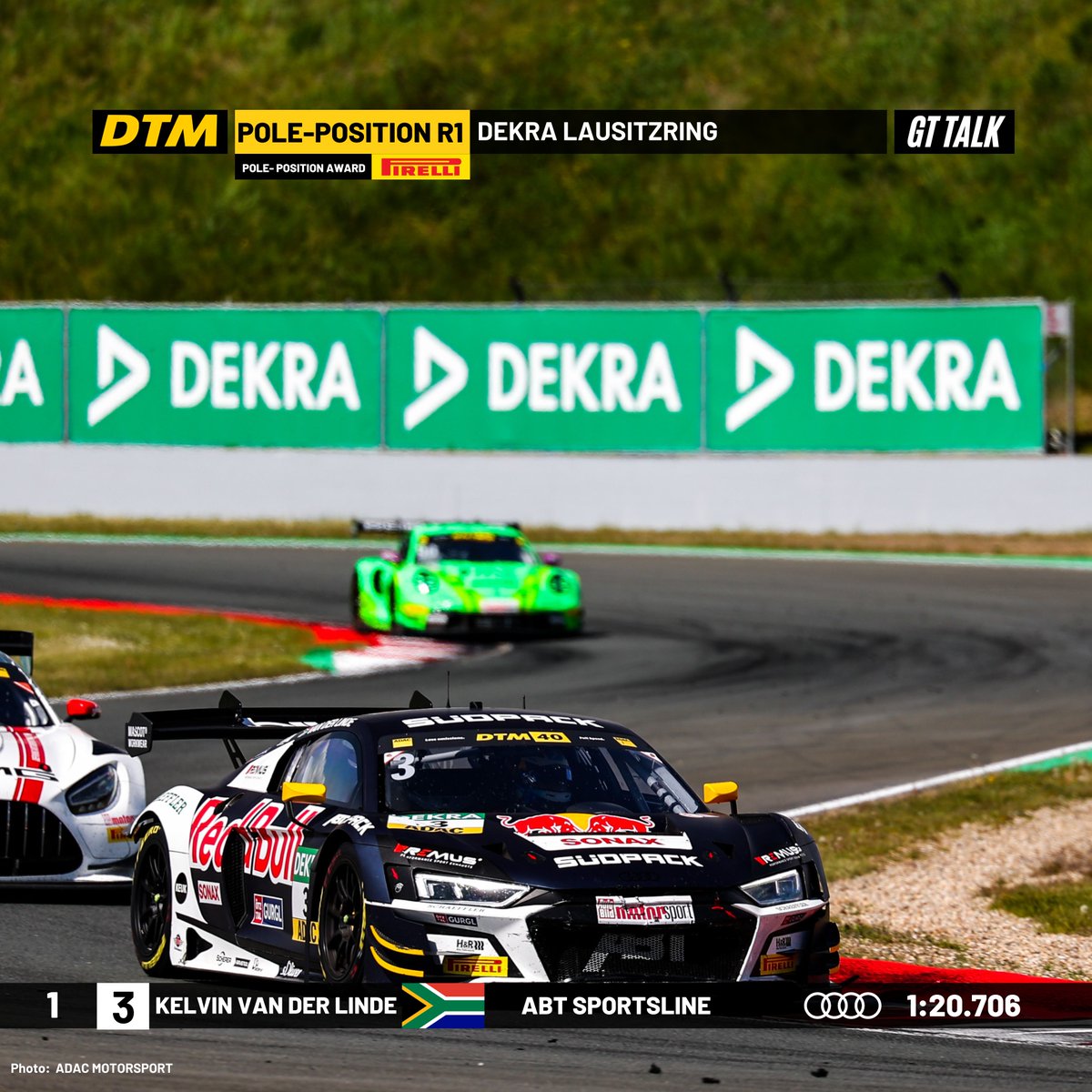 GTtalk_de's tweet photo. Kelvin van der Linde sicherte sich am Mittag die Pole-Position für das erste Rennen der #DTM am Samstag.

Hinter ihm platzierten sich Thomas Preining und Teamkollege Ricardo Feller.

Das Rennen ab 16:45 Uhr live auf @ProSieben.

#DTM #DTM40 https://t.co/yKSN7A1fpY