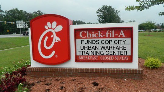 Reminder that Chick-fil-A is a major corporate backer of Cop City in Atlanta.

The ruling class defines what “crime” is (via laws) & uses cops as their own personal protection racket. This is not about “safety” but about protecting the power & profits of the 1%!!! 

#StopCopCity