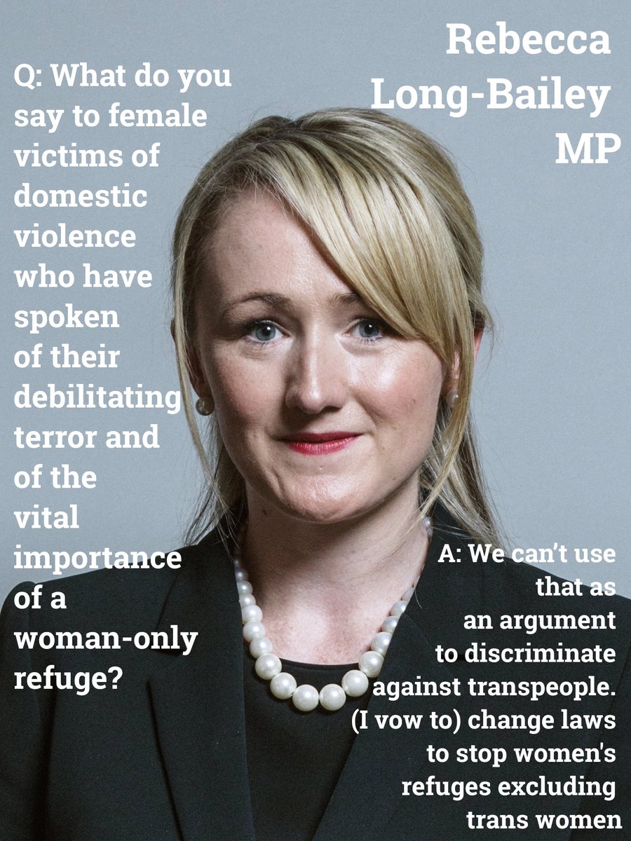 .@RLong_Bailey Does your vision of a better, fairer society still involve removing single sex refuges from female survivors of domestic violence and rape?