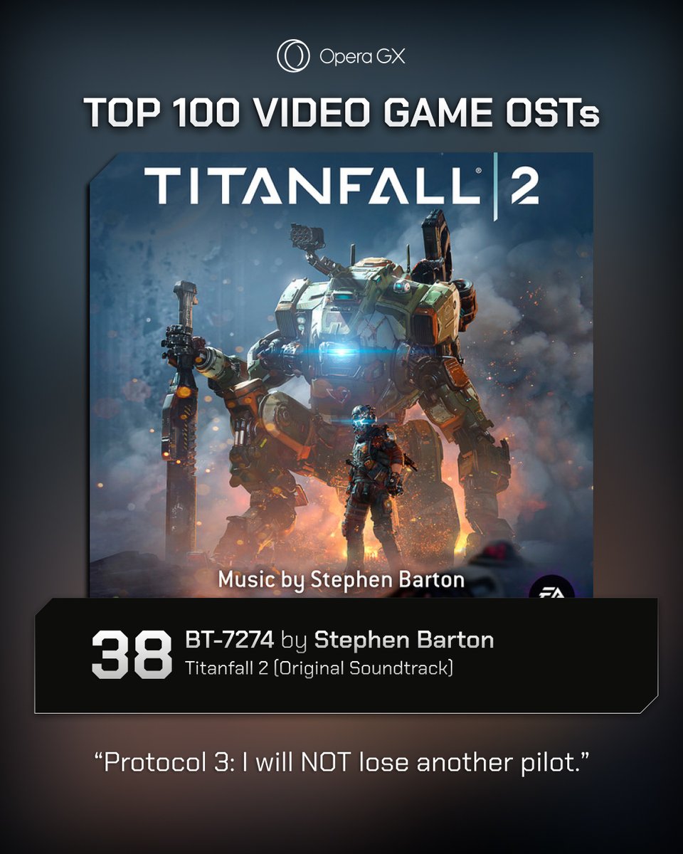 operagxofficial's tweet image. 38. Titanfall 2

Top Track: BT-7274 - Stephen Barton
#Top100GameOSTs