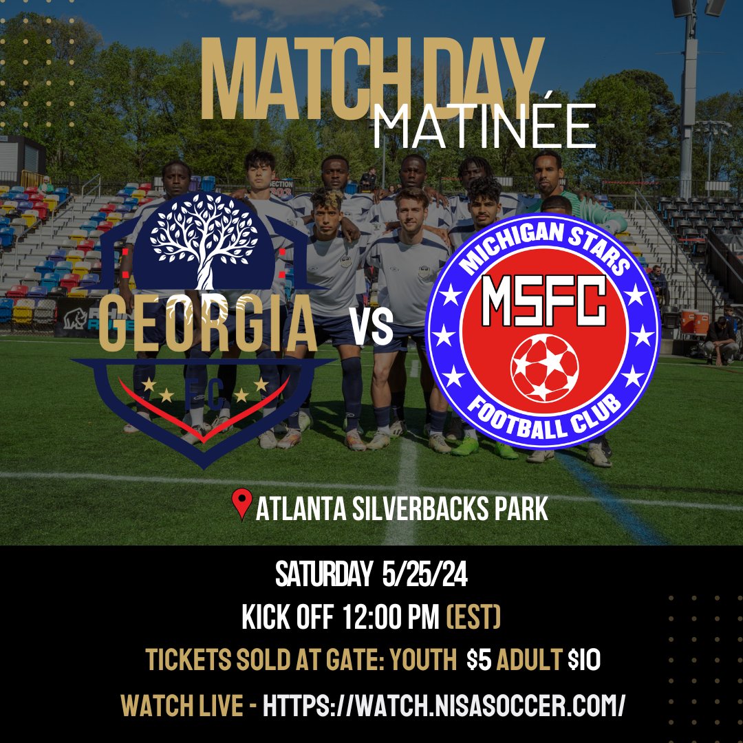 GeorgiaFCPro's tweet photo. It's a MatchDay Matinee today! β½
Join us at 12pm today as we go up against Michigan Stars FC back at our home stadium Atlanta Silverbacks Park. ποΈ
#GeorgiaFC #NISASoccer #MatchDay #Matinee #WeGoAgain https://t.co/NY91205pCO