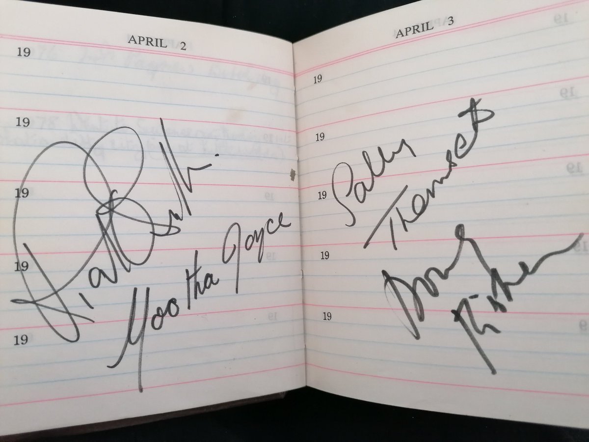 Homefires45's tweet photo. HI @sallythomsett I have just found these autographs in my late Grandmother's 5 year diary. I think they may have been from the mid 70s, possibly an event in Oxford. I am puzzled as to the other two signatures. Any help would be amazing 😊 https://t.co/fEnoDgXX3a