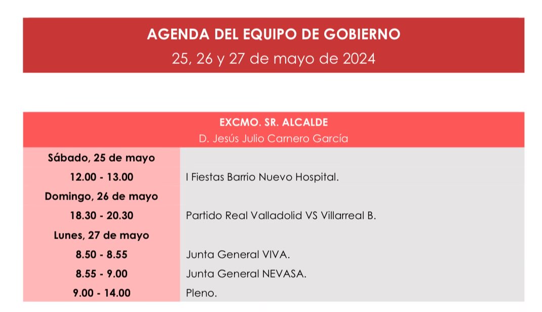 AlcaldeVLL's tweet photo. Ser #Alcalde es un esfuerzo las 24h del día los 7 días de la semana
Aquí os dejo mi #Agenda para
✅ #Sabado25
✅ #Domingo26
✅ #Lunes27 ( modificable en caso de ascenso de nuestro @realvalladolid ) https://t.co/K8EMptlGQ2