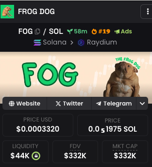 1000+ FROG DOG HOLDERS.

DEX TRENDING #19

ITS A DOG. ITS A FROG. ITS THE $FOG

dexscreener.com/solana/33U7KWk…