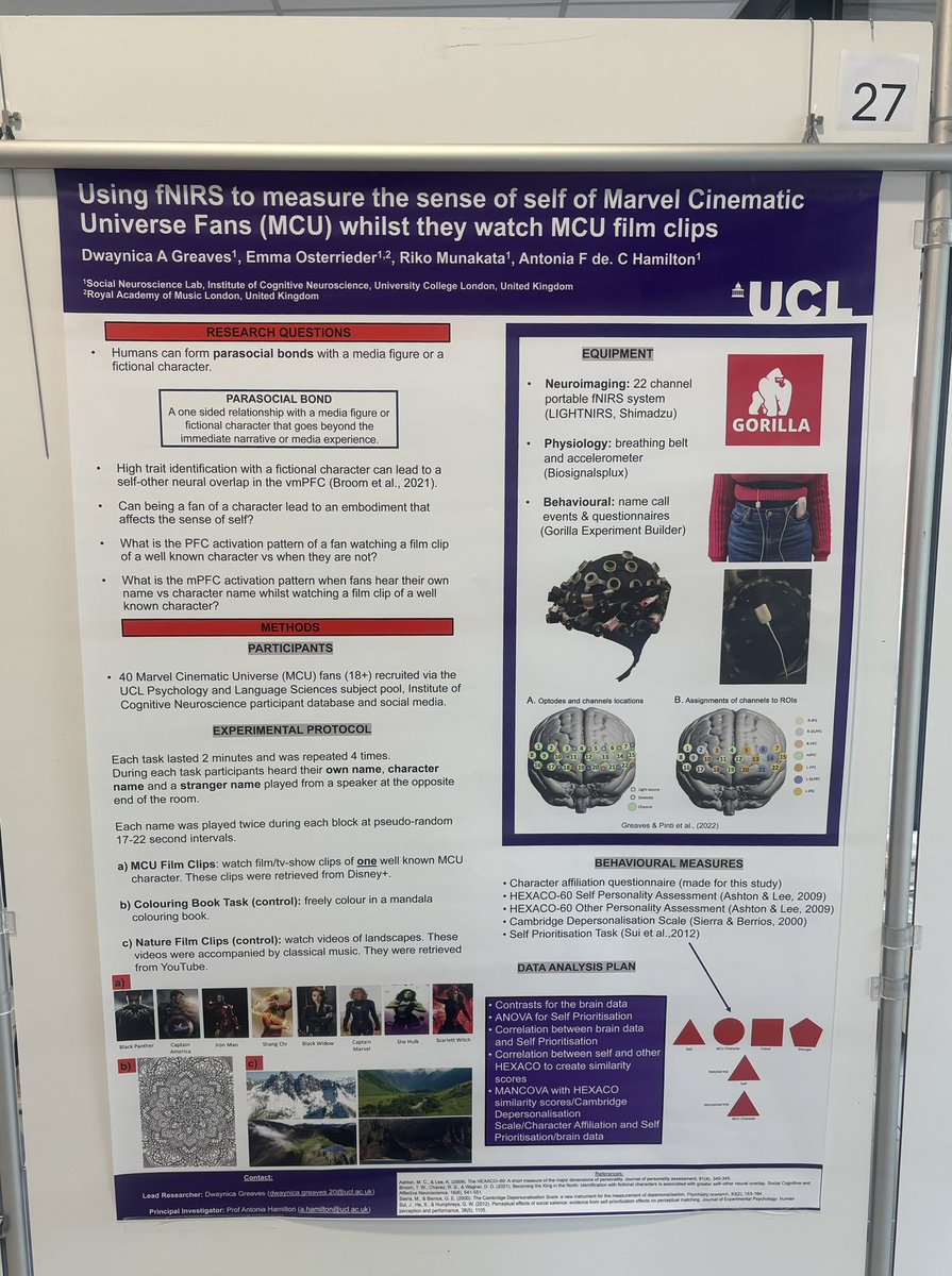 @escan2024 @UCL_ICN I’m back again debuting my non-actor study, investigating the sense of self of MCU fans using a similar paradigm to my actors study @escan2024 🧠🦹🏾‍♀️🦸🏾‍♀️
#Marvel #MarvelCinematicUniverse #Neuroscience #fNIRS