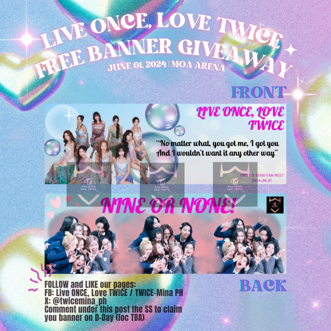 twicemina_ph's tweet photo. 🍭Hi MINGUINS &amp; everyONCE‼️🐧

Guess what? We are giving away these customized MINA &amp; OT9 BANNERS as our TWICE x OISHI SNACKTACULAR FREEBIES 🤩

When: June 01, 2024
Location: TBA
Qty: limited

Make sure to comply with the instructions below to qualify for a banner! Strictly 1:1. https://t.co/i0BLYIoTEy