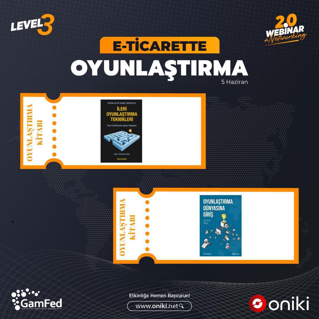 🪀E-Ticarette Yükselen Trend: #Oyunlaştırma webinarında heyecan dorukta!
🛒 Karaca, Migros Hemen, Walkers, LinqiApp, Ali Cevat Ünsal'ın Oyunlaştırma Dünyasına Giriş kitabı ve GamFed Türkiye gönüllülerinin katkılarıyla yazılmış İleri Oyunlaştırma Teknikleri kitapları hediye!