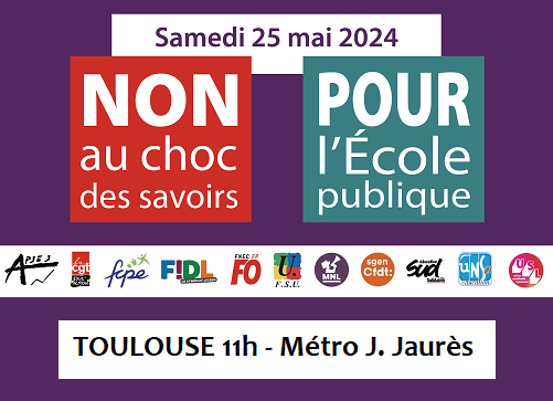 Contre le #ChocDesSavoirs, Pour l'#ÉcolePublique !

Plus d'un millier de manifestant-es à #Toulouse ce #25mai à l'appel de l'intersyndicale de l'#Éducation et de la @FCPE_nationale !

#NousNeTrieonsPasNosElèves