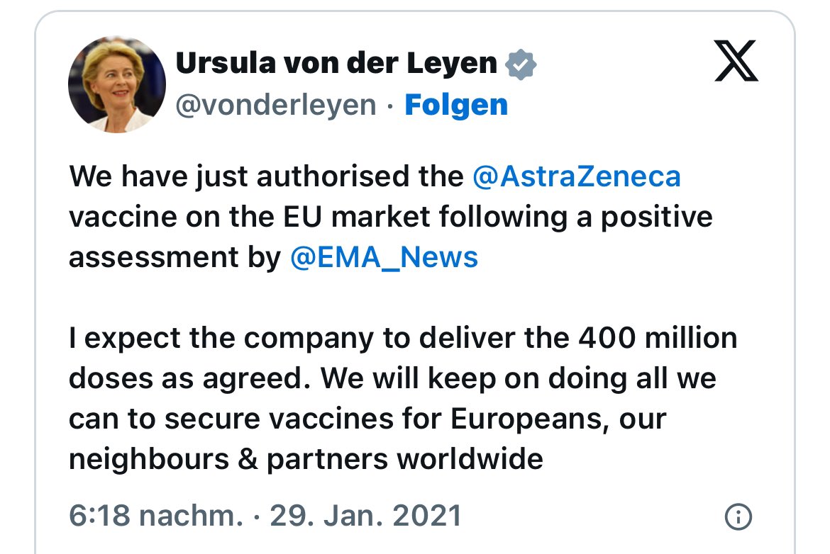 1/ Es ist nicht nur #PfizerGate. Es sind auch drastisch geschwärzte #Verträge mit den Impfstoffherstellern und das Propagieren falscher Narrative #SafeAndEffective: 

Es ist ein Skandal, dass von der #Leyen ihr Amt weiterführen möchte. …

#AstraZeneca