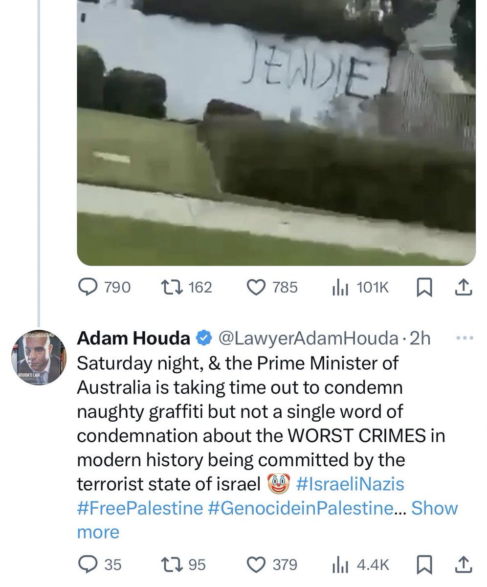 Can’t even condemn “JEW DIE” graffiti without complaining about Israel. Sick people.