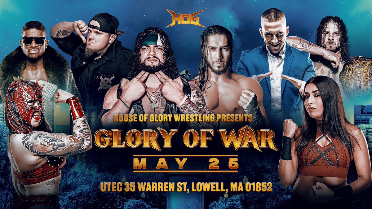 ⏳TONIGHT⏳ #GloryofWar UTEC HOG makes its Massachusetts debut! @MustafaAli_X 🆚@ThePrizeCityOG @Santana_Proud 🆚@thejtdunn @CharlesMas0n 🆚@TheSamiCallihan @cashflowkb 🆚@encoreshowtime La Sombra 🆚@DarkStarIdris Plus @RingmasterMidas @Blazin_Lyon @Sexy_staaar