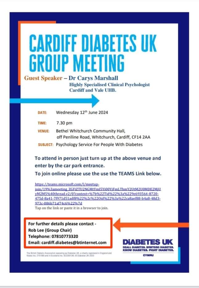 Diabetes and your mental health 
With Dr Carys Matthews 
You're invited to Cardiff Diabetes UK Group -Psychology Service For People With Diabetes 

Wed Jun 12, 2024

19:30—21:00 (GMT)

teams.microsoft.com/l/meetup-join/…

Tap on the link or paste it in a browser to join.
