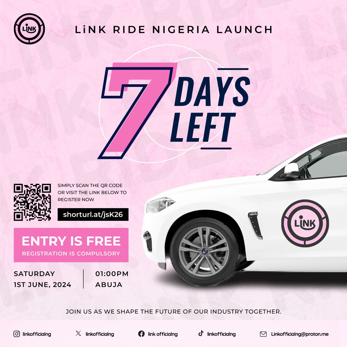 The countdown is on! We are 7 days away from LinkRide's Launch in Abuja. Hurry now and register to attend bit.ly/LinkRideLaunch. You can still be part of the 100 participants to enjoy exclusive benefits, including discounts on commission and amazing gift items. #AbujaEvents