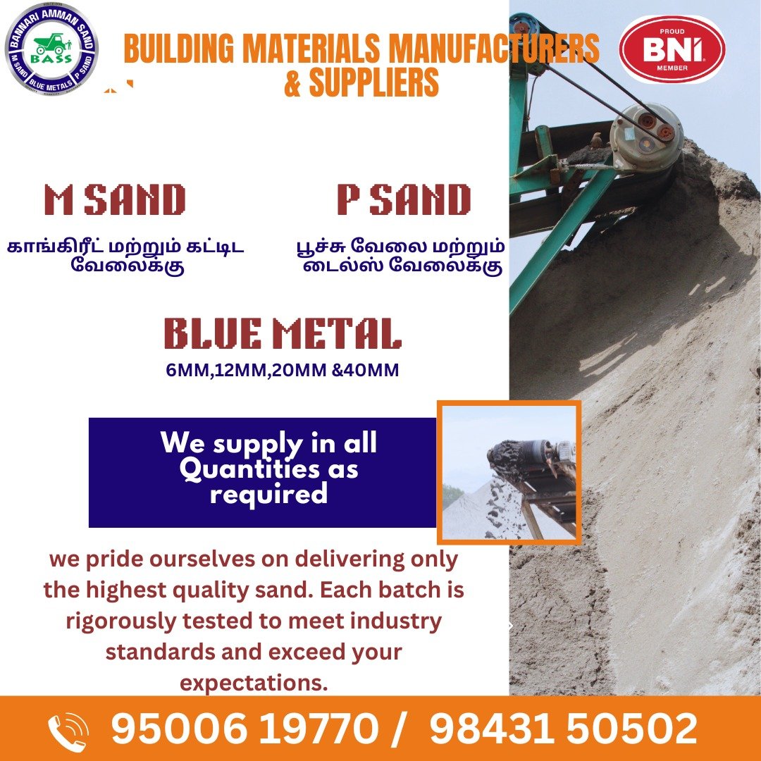 SINCE 1999 TNPWD APPROVED VSI SAND Most TRUSTED and SPECIALIZED in Building Materials Manufacturing &supply inCoimbatore. #msand #psand #bluemetal #buildingmaterials #20mmjally #40mmmetal #6mmchips #bricks #cement #gravel #bolder #coimbatore