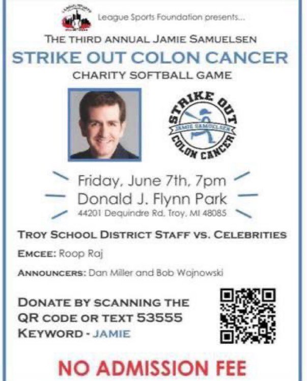 Leaguesports Foundation (@leaguesportsllc) on Twitter photo Come on out for a good cause.
Friday, June 7th at 7pm
Donald J. Flynn Park
44201 Dequindre rd,Troy, MI 48085. For the Jamie Samuelsen Strike Out Colon Cancer Charity Softball Game. <a href="/971theticketxyt/">97.1 The Ticket:</a> <a href="/FrediThePizzamn/">Fredi The PizzaMan</a> <a href="/ProSportsZone1/">Pro Sports Zone</a> <a href="/pkoneval/">Patrick</a> <a href="/Troy__Athletics/">Troy Athletics</a> <a href="/detroitnews/">The Detroit News</a> Come on out for a good cause.
Friday, June 7th at 7pm
Donald J. Flynn Park
44201 Dequindre rd,Troy, MI 48085. For the Jamie Samuelsen Strike Out Colon Cancer Charity Softball Game. <a href="/971theticketxyt/">97.1 The Ticket:</a> <a href="/FrediThePizzamn/">Fredi The PizzaMan</a> <a href="/ProSportsZone1/">Pro Sports Zone</a> <a href="/pkoneval/">Patrick</a> <a href="/Troy__Athletics/">Troy Athletics</a> <a href="/detroitnews/">The Detroit News</a>
