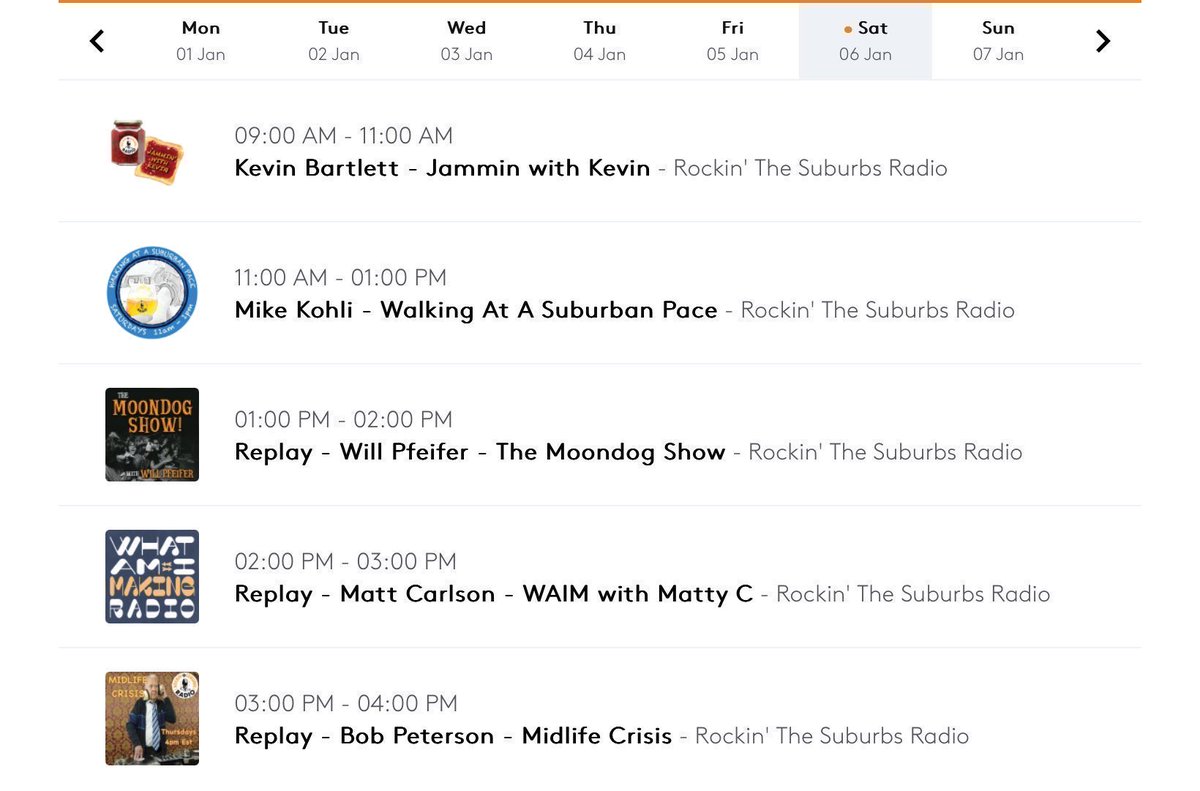 Rockin' the Suburbs Radio (@suburbsradio) on Twitter photo Today on Suburbs Radio:
9 AM ET: Jammin’ with Kevin hosted by <a href="/kevina1a/">Kevin Bartlett</a>
11 AM: Walking At A Suburban Pace with <a href="/MikeKohli/">Mike Kohli</a>
Plus all weekend long time catch replays of all our great programming. Today on Suburbs Radio:
9 AM ET: Jammin’ with Kevin hosted by <a href="/kevina1a/">Kevin Bartlett</a>
11 AM: Walking At A Suburban Pace with <a href="/MikeKohli/">Mike Kohli</a>
Plus all weekend long time catch replays of all our great programming.
