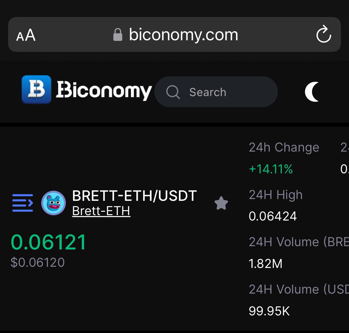 Brett_Eth_0x80E's tweet photo. Exciting Update!🚀

$BRETT had an amazing launch on @BiconomyCom, climbing over +14%!🔥

A huge thanks to our dedicated community for this success! Let's continue this upward journey!🚀 https://t.co/R75ARACNqD