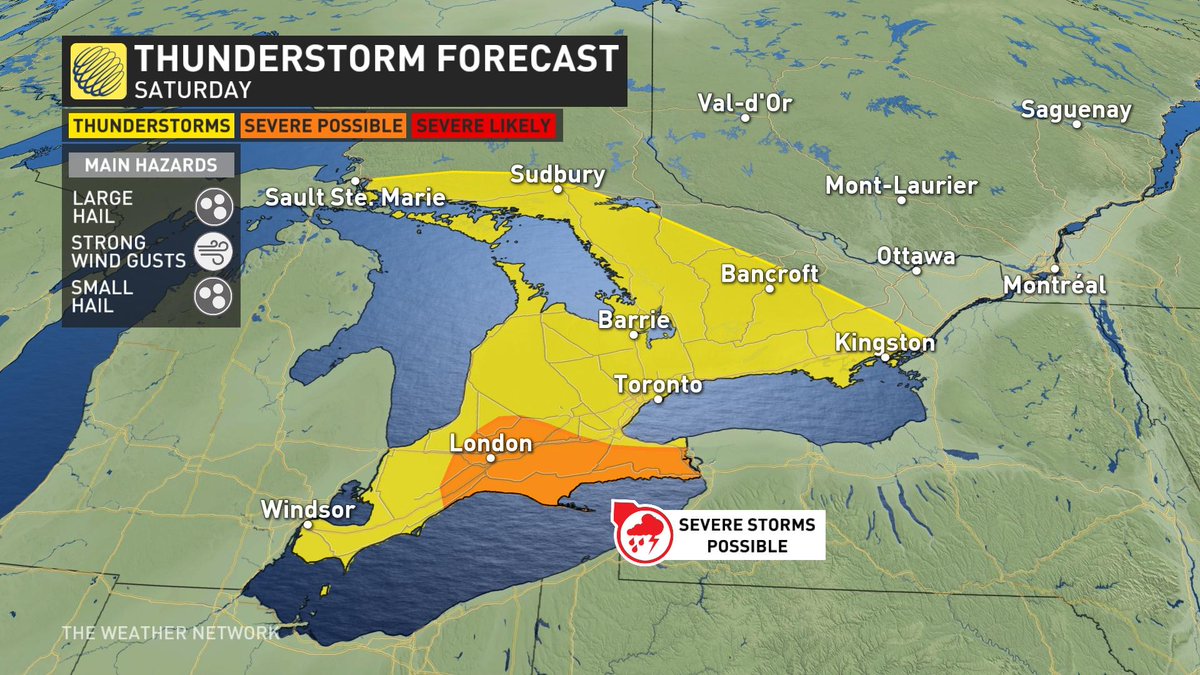 #ONstorm risk today: Strong winds, heavy rain and small hail are the main hazards across the south and east through Saturday. However, there is a chance of some storms in southwestern sections to become severe in nature, bringing the chance of large hail up to nickel-size. #ONwx