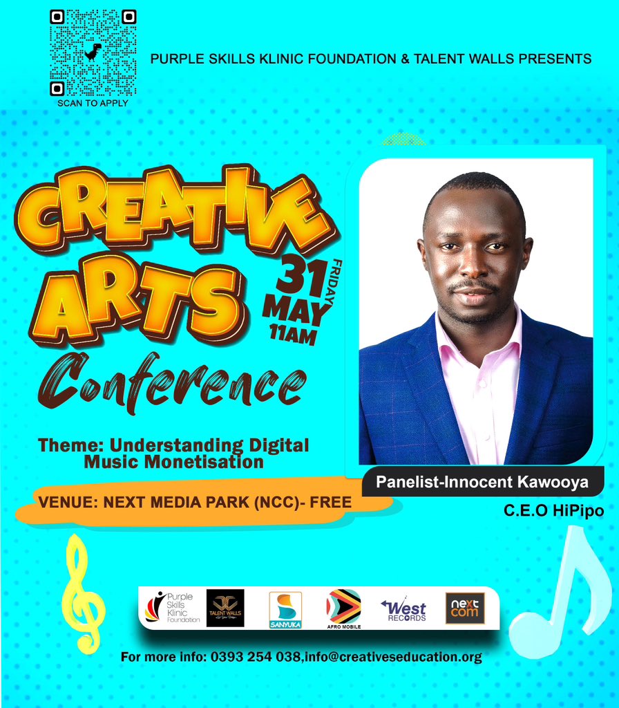 Our CEO, @KawooyaInnocent, will be attending the Creative Arts Conference on May 31, 2024, which is themed 'Understanding Digital Music Monetisation'. This Conference is organized by Purple Skills Klinic Foundation and Talent Walls. #SkillsKlinic