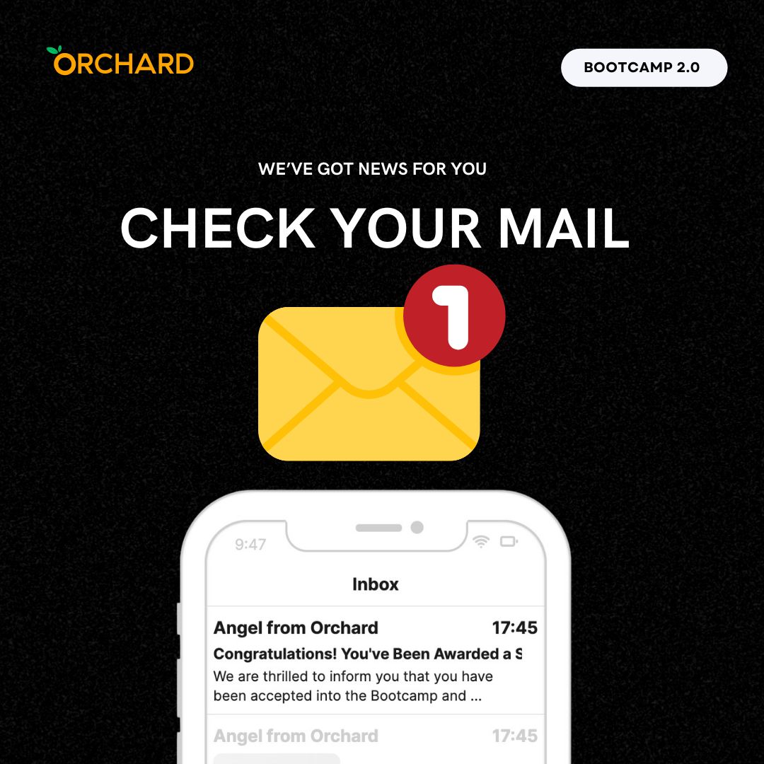 joinorchard's tweet photo. Mail Alert!

The wait is over! Orchard Bootcamp 2.0 application decisions are in your inbox for next steps. (and maybe even spam!).
See you at the Bootcamp. 

Don't miss out! https://t.co/6l5eOMssYA