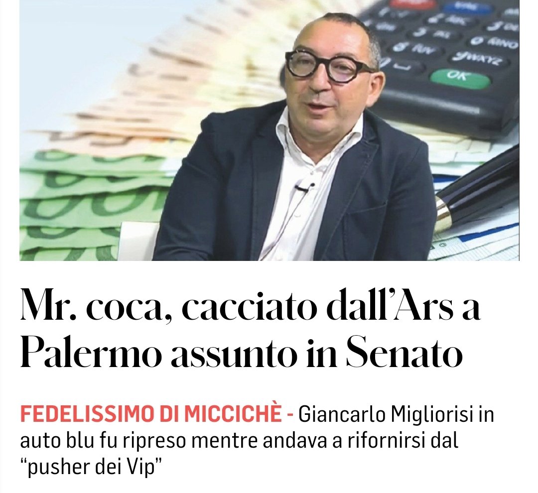 Giancarlo Migliorisi,il fedelissimo di Miccichè che andava a comprare la cocaina in auto blu e si dimise per evitare il licenziamento dall'ARS,è stato assunto dalla senatrice di #ForzaItalia Daniela Ternullo. Una destra che sa riconoscere il merito. #25maggio #governodiincapaci