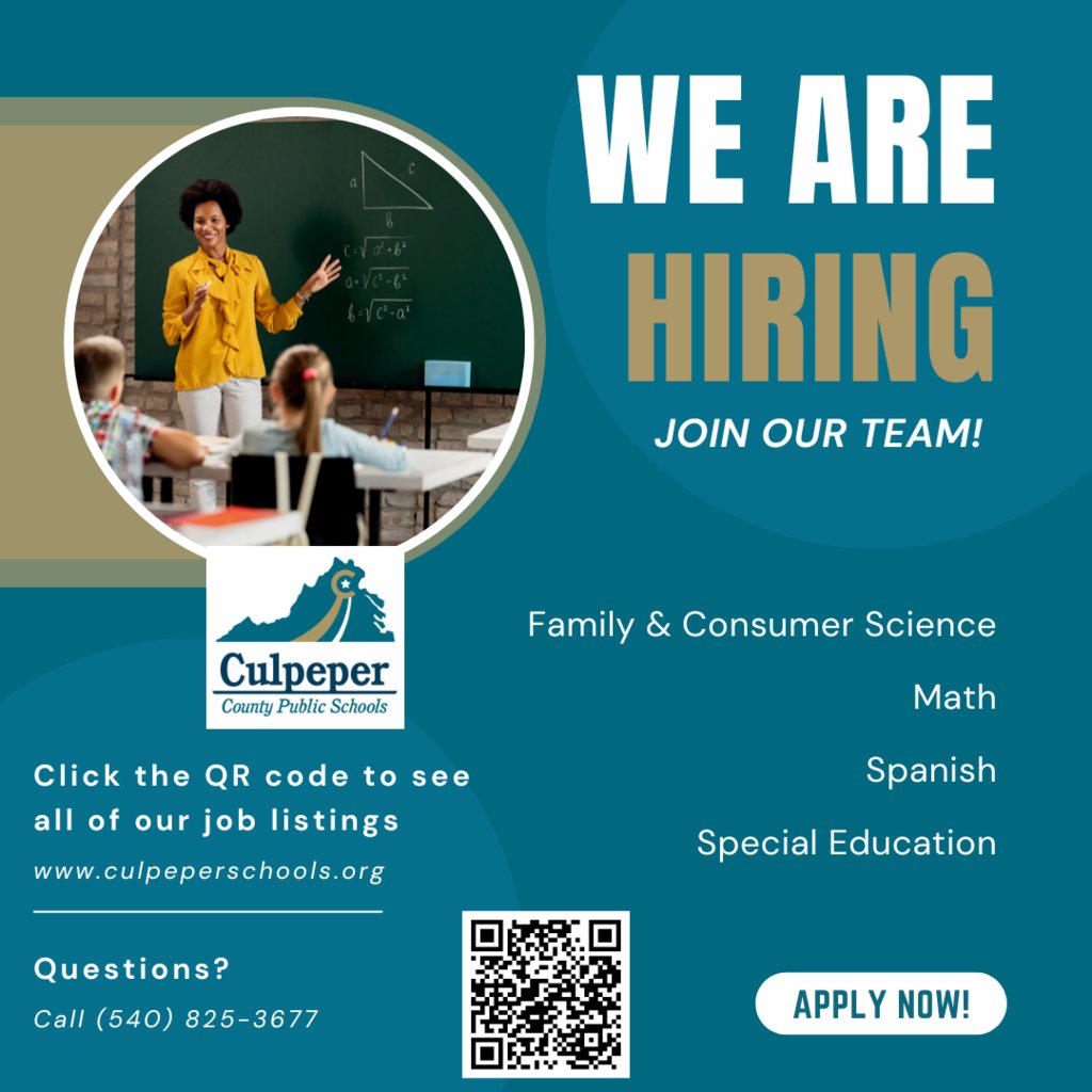 culpeperschools's tweet photo. We are hiring!  Go to https://t.co/DSf1sVXHZ5 and click "Apply Today" to see all of our job listings!

#ALLin4CCPS https://t.co/dnaQHy7XXr
