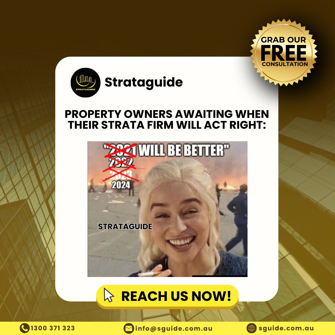 Don't waste your time waiting for your strata firm to act better. Grab our FREE consultation NOW!

#strata #stratamanager #propertymanagement #australiapropertymanagement #stratamanagement #australiastratamanagement #yourstrataservices #strataproperty #ownerscorporation