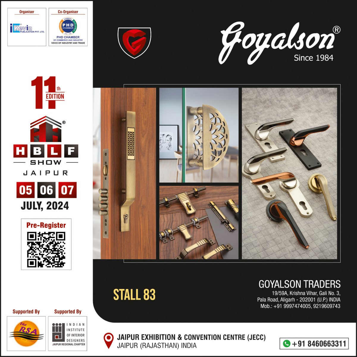 HardwareSamachr's tweet photo. Join Us at HBLF Show Jaipur! 🏡🔑

Discover premium door and shutter locks with Goyal Son Traders at JECC Rajasthan. See you on 05-06-07 July 2024!
#HBLFShow #goyalson #goyalsonhardware #goyalsonindia #goyalsontraders #Aligarh #Manufacturer #DoorAldrop #DoorLock #ShutterLock https://t.co/39gEy5dtWz