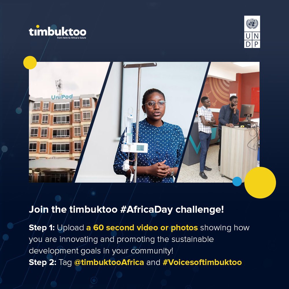 Be a part of #timbuktoo! 🚀 Join our #AfricaDay challenge. Upload a short video or photos showcasing how you are innovating and changing the world 🌎 Tag @timbuktooafrica #Voicesoftimbuktoo
