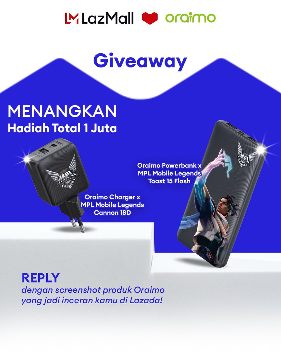 ✨ GIVEAWAY ALERT ✨ MAU HADIAH TOTAL 1 JUTA DARI ORAIMO? 1. Follow @LazadaID & tag 3 teman 2. RT, Like & REPLY screenshot produk Oraimo yang jadi inceran kamu di Lazada + hashtag #LazadaGiveaway #LazadaID SEBANYAK-BANYAKNYAAA! Periode: 25 - 31 Mei 2024