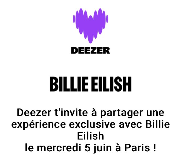 Si tu aimes <a href="/billieeilish/">billie eilish</a> et que tu l’écoutes sur <a href="/DeezerFR/">Deezer France</a>, tu as une chance de venir la rencontrer avec nous à Paris pour sa release party ! 

RDV sur la tab "club" de l’app 💙💜