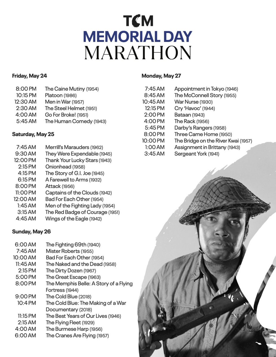TCM_Party's tweet photo. Here's the full #MemorialDayWeekend film lineup from @tcm (which began last night at 8pE)
#TCMParty ^JW https://t.co/Zxq1WifeXl