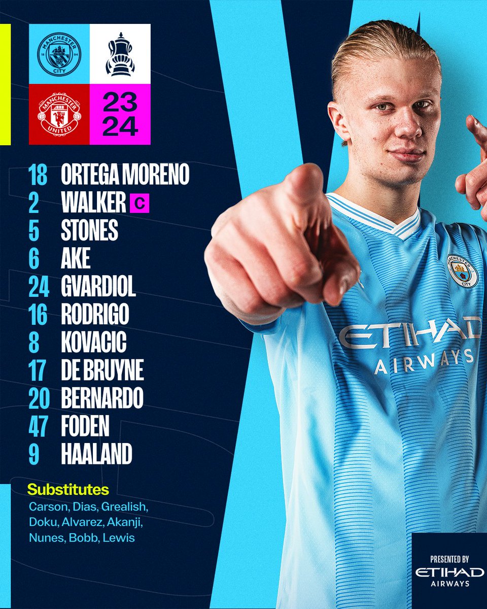 In the blue corner! 🩵

XI | Ortega Moreno, Walker (C), Stones, Ake, Gvardiol, Rodrigo, Kovacic, De Bruyne, Bernardo, Foden, Haaland

SUBS | Carson, Dias, Grealish, Doku, Alvarez, Akanji, Nunes, Bobb, Lewis

#ManCity | <a href="/etihad/">Etihad Airways</a>