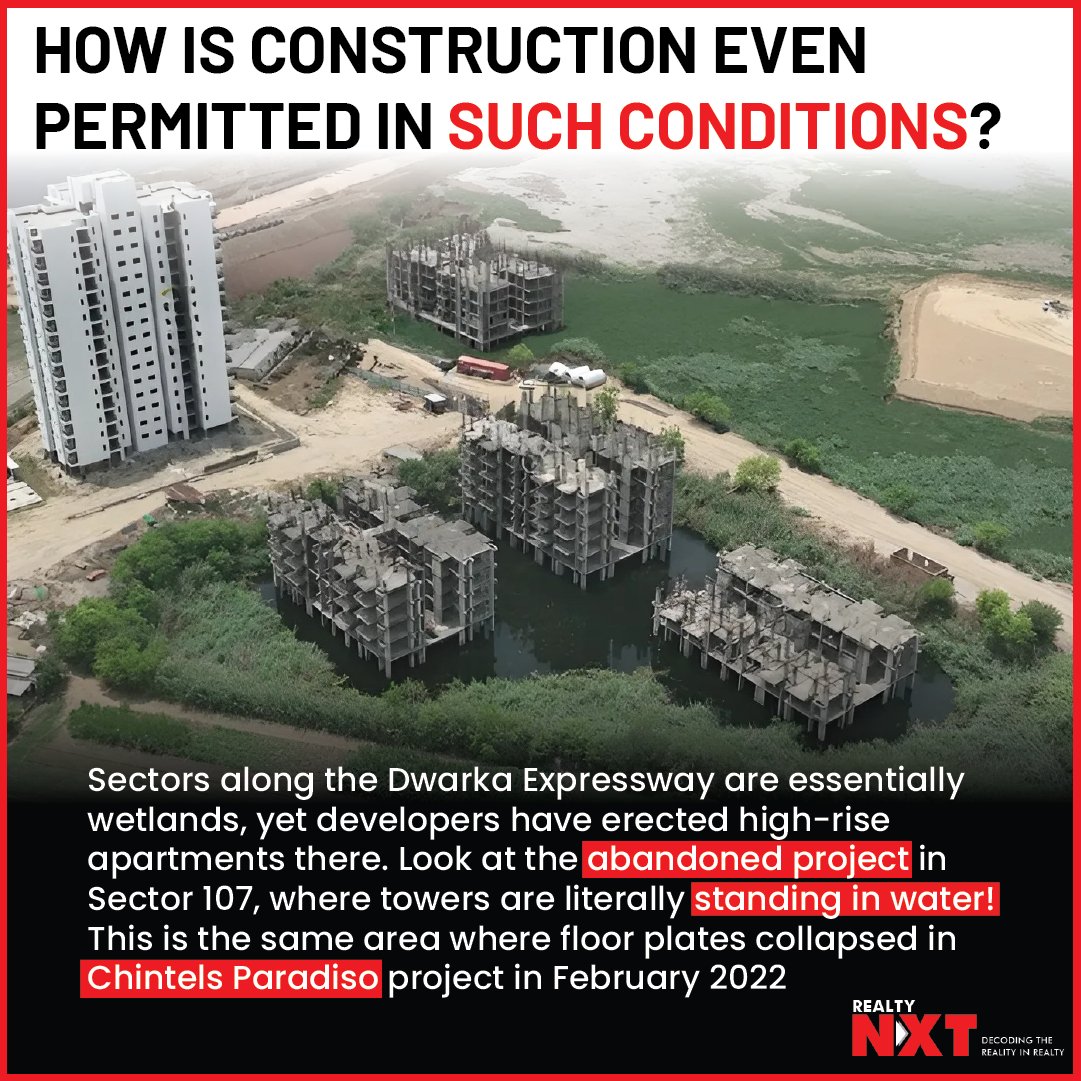 RealtyNXT's tweet photo. #News | #DwarkaExpressway's wetlands have been transformed into high-rise concrete jungles, leaving abandoned projects like this one in Sector-107 submerged.
#RealtyNXT #EcoDisaster #UnsafeConstruction #SustainableDevelopment #Infrastructure #HighRiseApartments https://t.co/OV1mbBhcd3