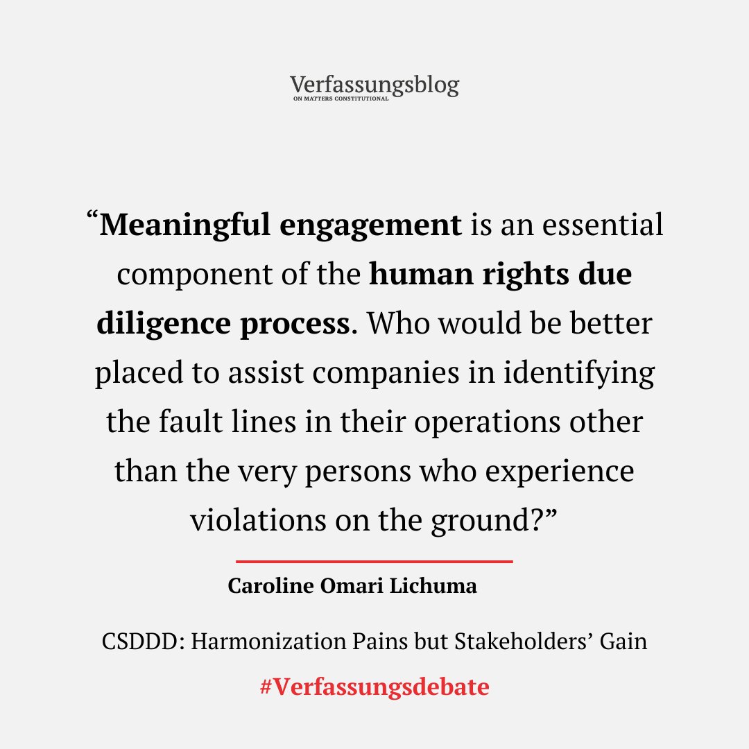 As part of the symposium on EU Corporate Sustainability Due Diligence Directive, CAROLINE OMARI LICHUMA @‌Carollichuma looks into the meaningful engagement provision, situating today's legislation against the background of its colonial baggage. verfassungsblog.de/harmonization-…