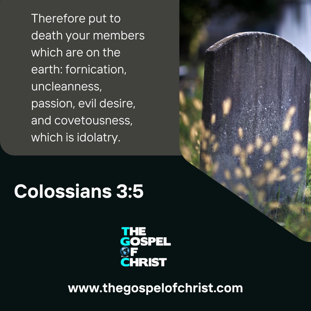 TGOCworldwide's tweet image. Therefore put to death your members which are on the earth: fornication, uncleanness, passion, evil desire, and covetousness, which is idolatry.

Colossians 3:5
 #colossians #DailyBibleVerse #TGOC #TheGospelOfChrist #Bible