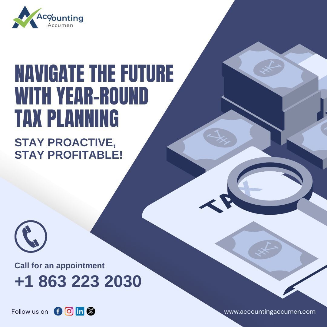 Tax season's end doesn't mean your tax planning stops! Our expert team ensures year-round success by navigating complex regulations & strategizing for the future. Stay proactive, stay profitable! #TaxPlanning #taxationservices #accountingccumen