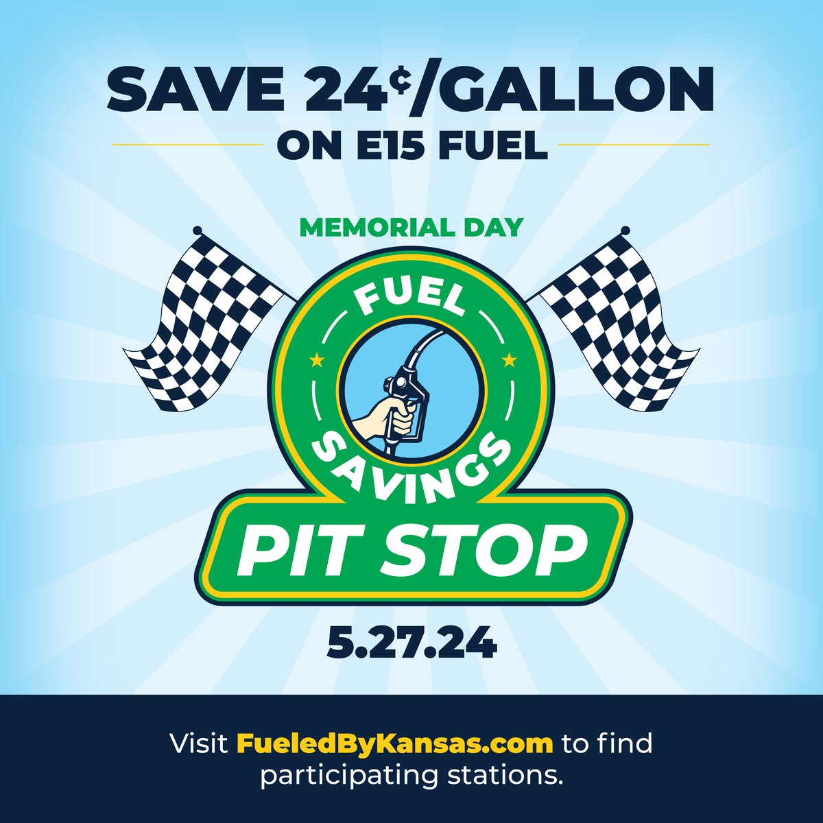 When you use biofuels, you're not just filling up your tank, you're fueling the future of Kansas corn farmers!
Visit fueledbykansas.com to find a participating station near you and save 24 cents a gallon on E15 tomorrow from 12-6 PM! #kscorn #e15 #ethanol #fuelsavings
